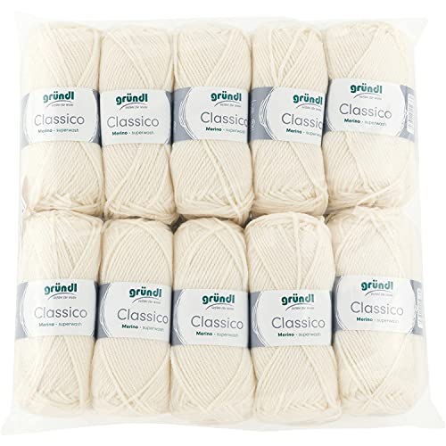 Gründl Classico Wolle (OEKO-TEX® zertifiziertes Strickgarn aus 50 % Schurwolle (Merino) & 50 % Polyacryl, 50 g/120 m, Nadelstärke: 3,5 - 4,5, 10 Knäuel á 50 g), Creme von Gründl