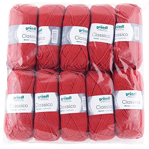 Gründl Classico Wolle (OEKO-TEX® zertifiziertes Strickgarn aus 50 % Schurwolle (Merino) & 50 % Polyacryl, 50 g/120 m, Nadelstärke: 3,5 - 4,5, 10 Knäuel á 50 g), Rot von Gründl