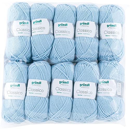 Gründl Classico Wolle (OEKO-TEX® zertifiziertes Strickgarn aus 50 % Schurwolle (Merino) & 50 % Polyacryl, 50 g/120 m, Nadelstärke: 3,5 - 4,5, 10 Knäuel á 50 g), Hellblau von Gründl