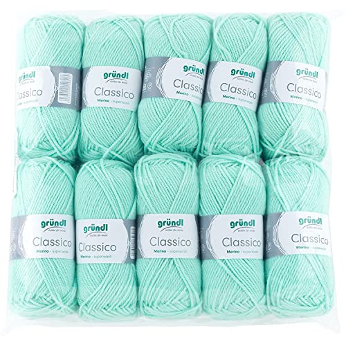 Gründl Classico Wolle (OEKO-TEX® zertifiziertes Strickgarn aus 50 % Schurwolle (Merino) & 50 % Polyacryl, 50 g/120 m, Nadelstärke: 3,5 - 4,5, 10 Knäuel á 50 g), Mint von Gründl