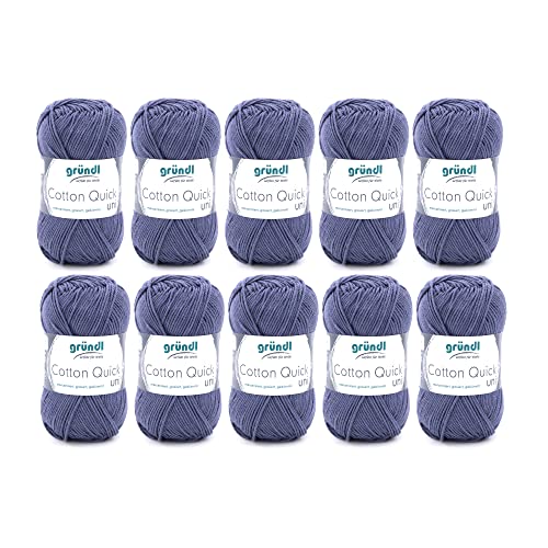 Gründl Wolle Cotton Quick uni - Wolle zum Häkeln aus 100 % Baumwolle - Wolle zum Stricken - glänzendes Baumwollgarn 10 Knäuel 50 g / 125 m - Grau Blau von Gründl