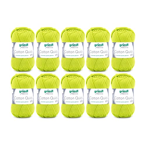 Gründl Cotton Quick Uni, Vorteilspack 10 Knäuel à 50 g (strapazierfähige Wolle, pflegeleichtes waschbares Garn aus 100 % Baumwolle, 50 g / 125 m, Nadelstärke: 3 - 4, 10 x 50 g), Hellgrün von Gründl