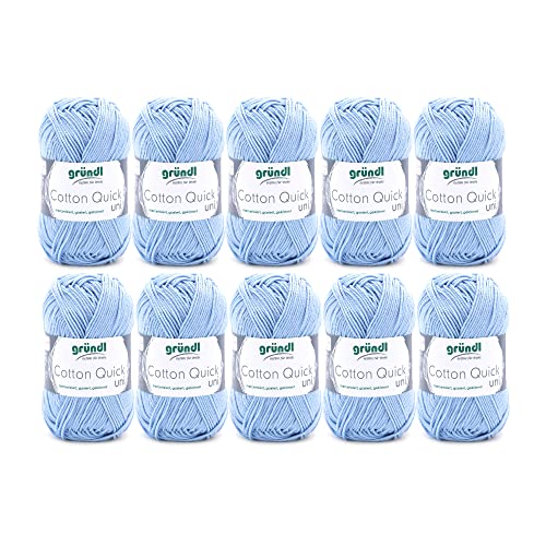 Gründl Wolle Cotton Quick Uni - 10 x 50 g - Strickgarn - Häkelgarn - 100 % Baumwolle - Hautfreundlich & Pflegeleicht - Nadelstärke 3-4 - Himmelblau von Gründl