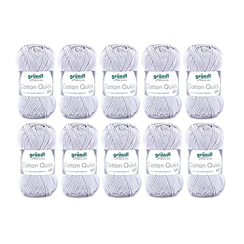 Gründl Cotton Quick Uni, Vorteilspack 10 Knäuel à 50 g (strapazierfähige Wolle, pflegeleichtes waschbares Garn aus 100 % Baumwolle, 50 g / 125 m, Nadelstärke: 3 - 4, 10 x 50 g), Hellgrau von Gründl