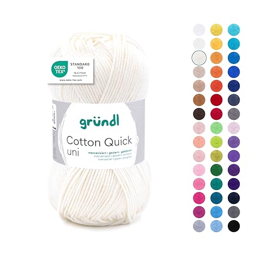 Gründl Wolle Cotton Quick uni - Wolle zum Häkeln aus 100% Baumwolle - Wolle zum Stricken - glänzendes Baumwollgarn 1 Knäuel 50 g / 125 m - Wollweiß von Gründl