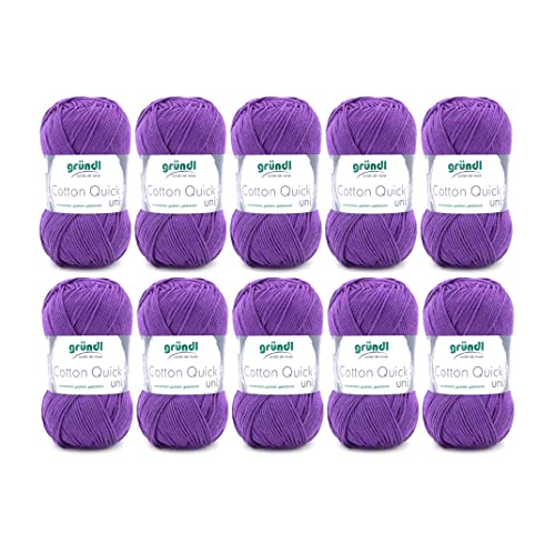 Gründl Wolle Cotton Quick Uni - 10 x 50 g - Strickgarn - Häkelgarn - 100 % Baumwolle - Hautfreundlich & Pflegeleicht - Nadelstärke 3-4 - Violett von Gründl