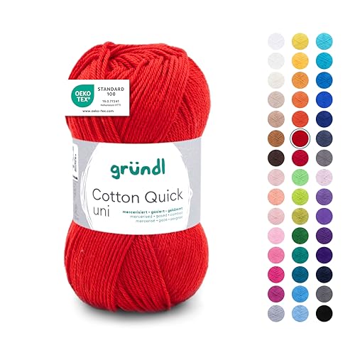 Gründl Wolle Cotton Quick uni Garn zum Stricken & Häkeln aus 100 % Baumwolle, 1 Knäuel 50 g / 125 m, Häkelgarn/ Strickgarn , Kirsche von Gründl