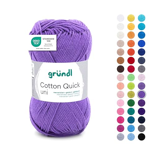 Gründl Wolle Cotton Quick uni Garn zum Stricken & Häkeln aus 100 % Baumwolle, 1 Knäuel 50 g / 125 m, Häkelgarn/ Strickgarn , Lila von Gründl