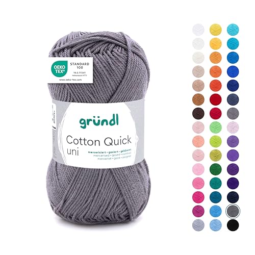 Gründl Wolle Cotton Quick uni - Wolle zum Häkeln aus 100 % Baumwolle - Wolle zum Stricken - glänzendes Baumwollgarn 1 Knäuel 50 g / 125 m - Mausgrau von Gründl