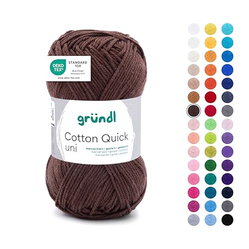 Gründl Wolle Cotton Quick uni - Wolle zum Häkeln aus 100 % Baumwolle - Wolle zum Stricken - glänzendes Baumwollgarn 1 Knäuel 50 g / 125 m - Schokolade von Gründl