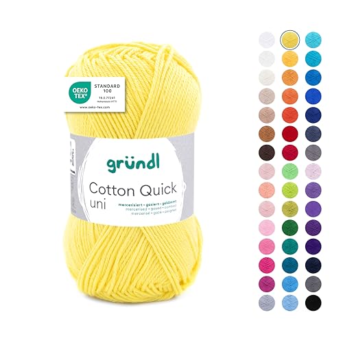 Gründl Wolle Cotton Quick uni - Wolle zum Häkeln aus 100 % Baumwolle - Wolle zum Stricken - glänzendes Baumwollgarn 1 Knäuel 50 g / 125 m - Gelb von Gründl