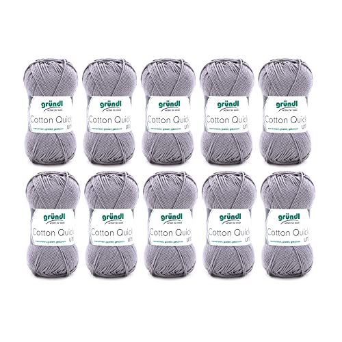 Gründl Wolle Cotton Quick Uni - 10 x 50 g - Strickgarn - Häkelgarn - 100 % Baumwolle - Hautfreundlich & Pflegeleicht - Nadelstärke 3-4 - Silbergrau von Gründl