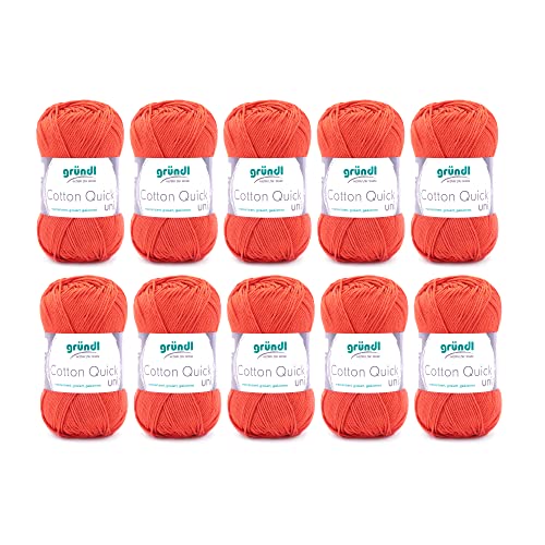 Gründl Wolle Cotton Quick Uni - 10 x 50 g - Strickgarn - Häkelgarn - 100 % Baumwolle - Hautfreundlich & Pflegeleicht - Nadelstärke 3-4 - Orange von Gründl