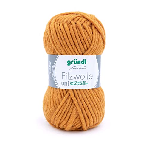 Gründl Filzwolle uni (Wolle zum Filzen, Stricken und Häkeln, Garn aus 100% Schurwolle, 50 g / 50 m, Nadelstärke: 8-9, 1 x 50 g), Curry von Gründl