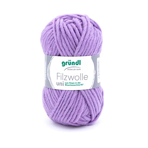 Gründl Filzwolle uni (Wolle zum Filzen, Stricken und Häkeln, Garn aus 100% Schurwolle, 50 g / 50 m, Nadelstärke: 8-9, 1 x 50 g), Flieder von Gründl