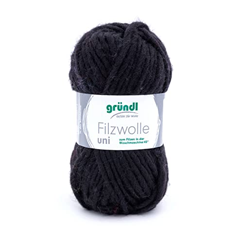 Gründl Filzwolle uni (Wolle zum Filzen, Stricken und Häkeln, Garn aus 100% Schurwolle, 50 g / 50 m, Nadelstärke: 8-9, 1 x 50 g), Schwarz von Gründl