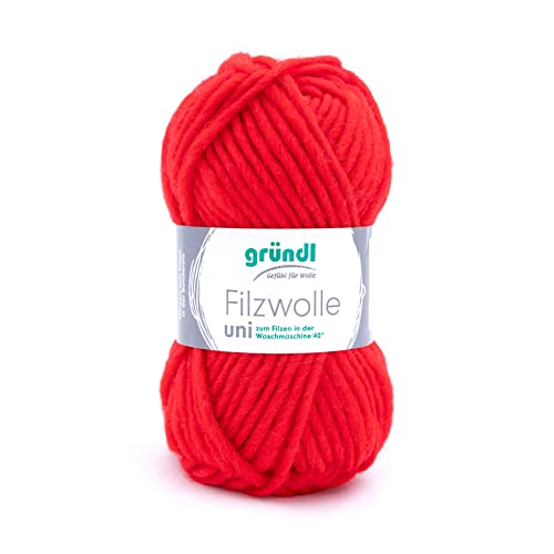 Gründl Filzwolle uni (Wolle zum Filzen, Stricken und Häkeln, Garn aus 100% Schurwolle, 50 g / 50 m, Nadelstärke: 8-9, 1 x 50 g), Signalrot von Gründl