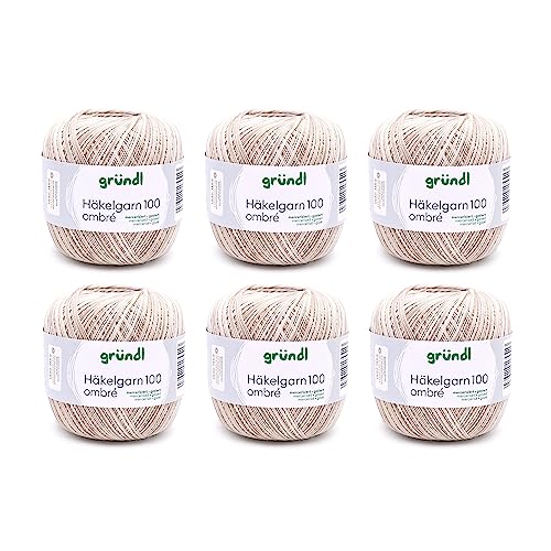 Gründl Häkelgarn 100 ombré (mercerisiertes Baumwollgarn zum Häkeln aus 100% Baumwolle, 100 g / 566 m, Nadelstärke: 1,5-2, 6 x 100 g), beige-grau von Gründl