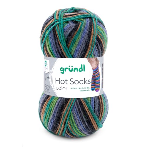 Gründl Hot Socks Color, Sockenwolle mit Farbverlauf blau grün türkis ocker, Strumpfwolle 4-fach, 4-fädig, Sockengarn, 50g | 75% Wolle, 25% Polyamid (405) von Gründl