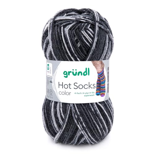 Gründl Hot Socks Color, Sockenwolle mit Farbverlauf grau weiß schwarz, Strumpfwolle 4-fach, 4-fädig, Sockengarn, 50g | 75% Wolle, 25% Polyamid (416) von Gründl