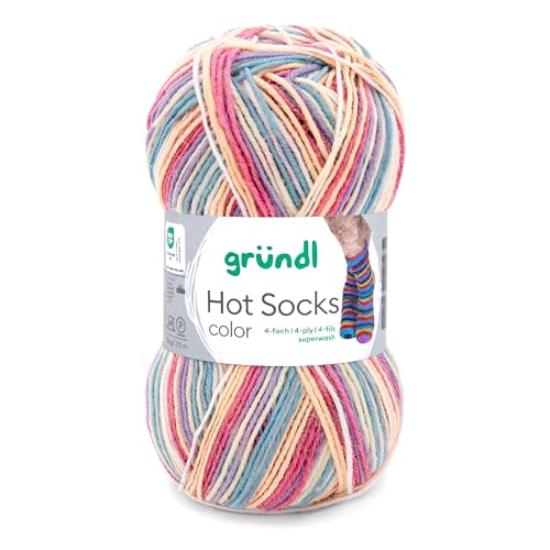 Gründl Hot Socks Color, Sockenwolle mit Farbverlauf natur gelb rosa blau, Strumpfwolle 4-fach, 4-fädig, Sockengarn, 50g | 75% Wolle, 25% Polyamid (410) von Gründl