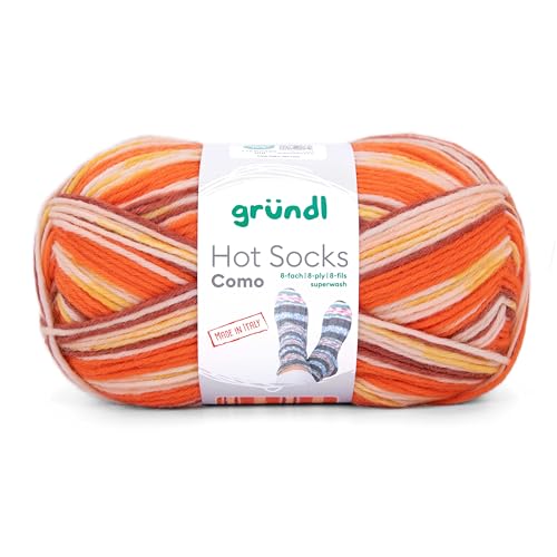 Gründl Hot Socks Como, Sockenwolle 8-fach, Sockengarn 8-fädig, dicke Strumpfwolle musterbildend, Farbverlauf, 150g / 300m (02 orange gelb) von Gründl