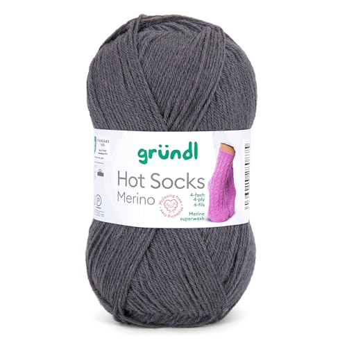 Gründl Hot Socks Merino, Sockenwolle anthrazit mit Merinowolle, Strumpfwolle 4-fädig 50g / 200m, Sockengarn 4fädig uni einfarbig (13 anthrazit) von Gründl