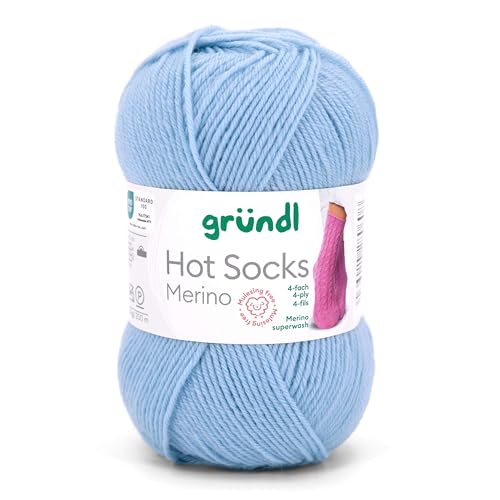 Gründl Hot Socks Merino, Sockenwolle blau mit Merinowolle, Strumpfwolle 4-fädig 50g / 200m, Sockengarn 4fädig uni einfarbig (04 hellblau) von Gründl