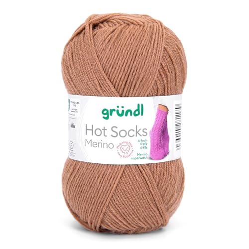 Gründl Hot Socks Merino, Sockenwolle braun hell mit Merinowolle, Strumpfwolle 4-fädig 50g / 200m, Sockengarn 4fädig uni einfarbig (23 camel) von Gründl