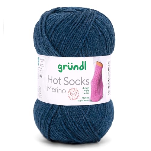 Gründl Hot Socks Merino, Sockenwolle dunkelblau marine navy mit Merinowolle, Strumpfwolle 4-fädig 50g / 200m, Sockengarn 4fädig uni einfarbig (21 nachtblau) von Gründl