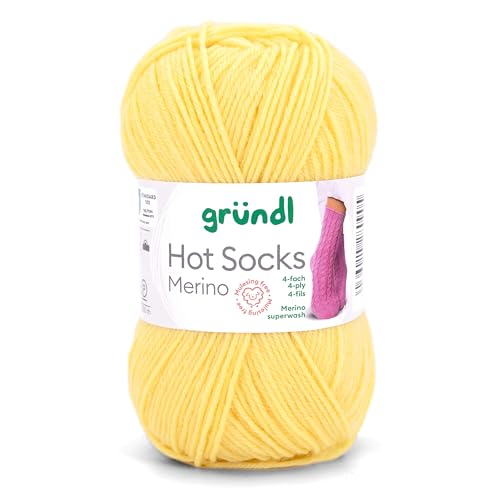 Gründl Hot Socks Merino, Sockenwolle gelb hell mit Merinowolle, Strumpfwolle 4-fädig 50g / 200m, Sockengarn 4fädig uni einfarbig (14 zitronengelb) von Gründl