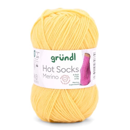 Gründl Hot Socks Merino, Sockenwolle gelb mit Merinowolle, Strumpfwolle 4-fädig 50g / 200m, Sockengarn 4fädig uni einfarbig (06 narzisse) von Gründl