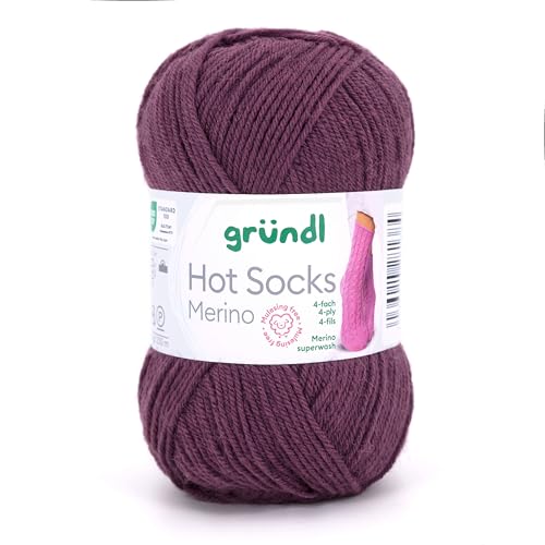 Gründl Hot Socks Merino, Sockenwolle lila dunkel mit Merinowolle, Strumpfwolle 4-fädig 50g / 200m, Sockengarn 4fädig uni einfarbig (30 aubergine) von Gründl