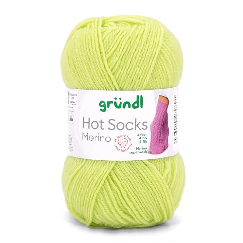 Gründl Hot Socks Merino, Sockenwolle lime grün mit Merinowolle, Strumpfwolle 4-fädig 50g / 200m, Sockengarn 4fädig uni einfarbig (07 limette) von Gründl