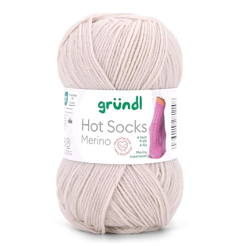 Gründl Hot Socks Merino, Sockenwolle mit Merinowolle beige hell, Strumpfwolle 4-fädig 50g / 200m, Sockengarn 4fädig uni einfarbig (22 sand) von Gründl