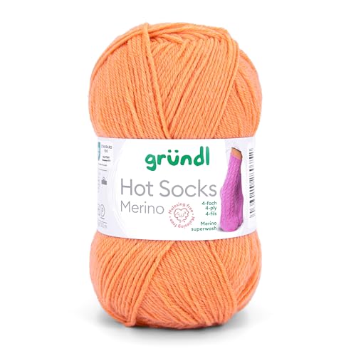 Gründl Hot Socks Merino, Sockenwolle mit Merinowolle orange, Strumpfwolle 4-fädig 50g / 200m, Sockengarn 4fädig uni einfarbig (09 orange) von Gründl