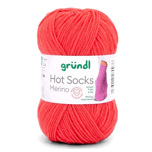 Gründl Hot Socks Merino, Sockenwolle mit Merinowolle rot, Strumpfwolle 4-fädig 50g / 200m, Sockengarn 4fädig uni einfarbig (15 koralle) von Gründl