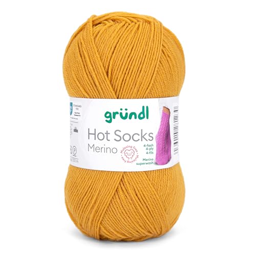 Gründl Hot Socks Merino, Sockenwolle ocker gelb mit Merinowolle, Strumpfwolle 4-fädig 50g / 200m, Sockengarn 4fädig uni einfarbig (25 curry) von Gründl