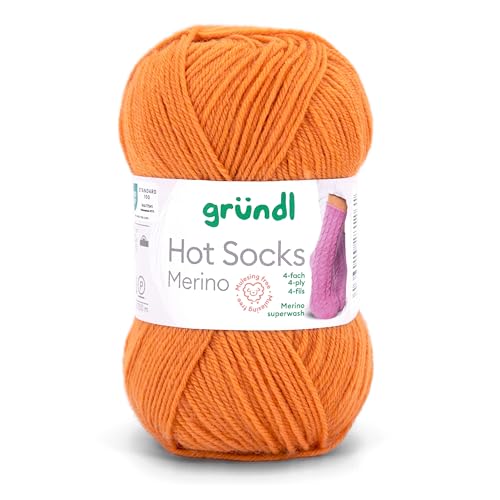 Gründl Hot Socks Merino, Sockenwolle orange mit Merinowolle, Strumpfwolle 4-fädig 50g / 200m, Sockengarn 4fädig uni einfarbig (26 kürbis) von Gründl