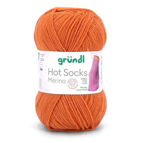 Gründl Hot Socks Merino, Sockenwolle orange mit Merinowolle, Strumpfwolle 4-fädig 50g / 200m, Sockengarn 4fädig uni einfarbig (27 kupfer) von Gründl