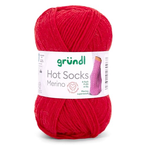 Gründl Hot Socks Merino, Sockenwolle rot mit Merinowolle, Strumpfwolle 4-fädig 50g / 200m, Sockengarn 4fädig uni einfarbig (16 feuerrot) von Gründl