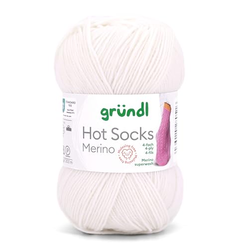 Gründl Hot Socks Merino, Sockenwolle weiß mit Merinowolle, Strumpfwolle 4-fädig 50g / 200m, Sockengarn 4fädig uni einfarbig (01 weiss) von Gründl