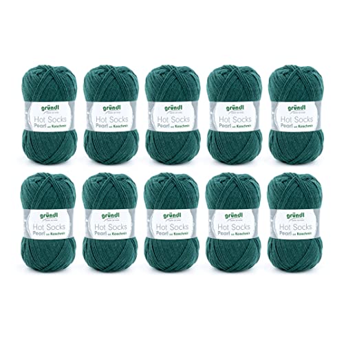 Gründl Hot Socks Pearl uni Strickwolle (kuschelig weiche Sockenwolle aus 75 % Merinowolle, 20 % Polyamid, 5 % Kaschmir, 50 g / 200 m, Nadelstärke: 2,5 - 3, 10 x 50 g), Tanne, 40 x 37 x 11 cm von Gründl