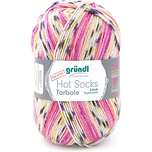 Gründl Hot Socks Torbole (Sockenwolle aus 75% Schurwolle (Superwash) und 25% Polyamid, 6-Fach Sockengarn, 150 g / 375 m, Nadelstärke: 3-4 mm, 1 x 150 g), Lavendel-Chili-Pflaume-weiß-salatgrün-gelb von Gründl