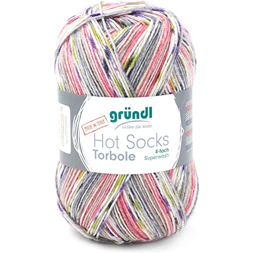 Gründl Hot Socks Torbole (Sockenwolle aus 75% Schurwolle (superwash) & 25% Polyamid, 4-fach Sockengarn, Nadelstärke: 2,5 - 3 mm), beige-chilli-pflaume-weiß-salatgrün-schiefergrau, 45 x 37 x 9 cm von Gründl