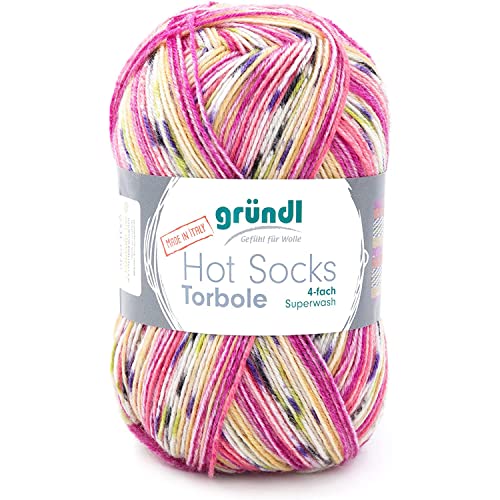 Gründl Hot Socks Torbole (Sockenwolle aus 75% Schurwolle (superwash) & 25% Polyamid, 4-fach Sockengarn, 100 g / 420 m, Nadelstärke: 2,5-3 mm, 100 g), lavendel-chili-pflaume-weiß-salatgrün-gelb von Gründl