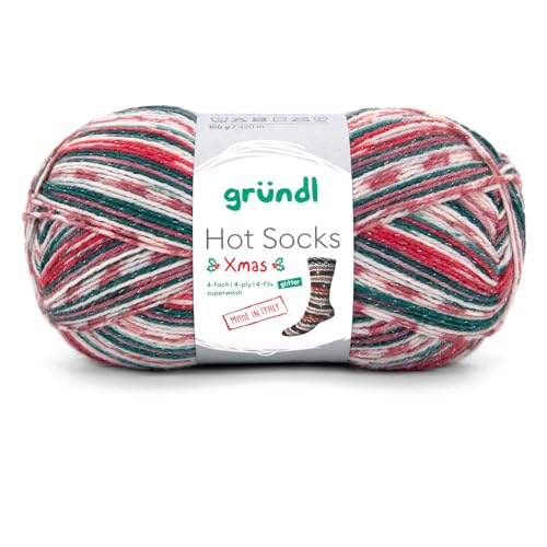 Gründl Hot Socks Xmas, christmas, 4-fädige Weihnachtssockenwolle mit Glitzer, 100g/420m, 75% Schurwolle/25% Polyamid von Gründl