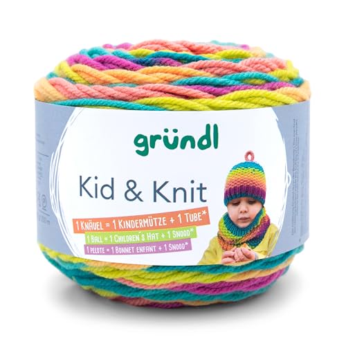 Gründl Kid & Knit - Wintergarn, Bobbel, 100% Polyacryl, ca. 200g, ca. 200m, Nadelstärke 6,0-7,0, Wolle mit Anleitung, 1 Knäuel = 1 Kindermütze + 1 Loop (spring - bunt) von Gründl