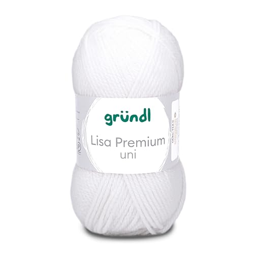 Gründl Lisa Premium Uni Strick- & Häkelgarn (weicher und wollartiger Charakter, pflegeleichtes waschbares Strickgarn aus 100% Polyacryl, 50 g/ 133 m, Nadelstärke: 3,5 - 4,5, 1 Knäuel á 50 g), Weiß von Gründl