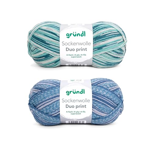 Gründl Sockenwolle Duo Strickset aus 2 x 100 g Sockengarn (75% Schurwolle (superwash), 25% Polyamid) + Anleitung, blau von Gründl